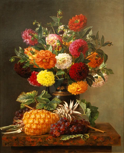 Johan Laurentz Jensen, Still Life of Dahlias with Pineapple and Grapes