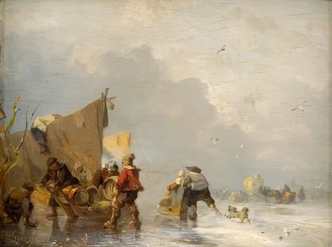 Carl Hilgers, Winter landscape with skaters on the ice, (18)72