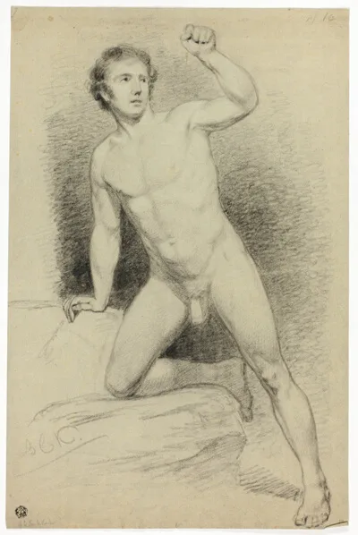 Barend Cornelis Koekkoek, Academic Male Nude Leaning on Platform