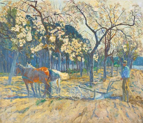 Philipp Franck, April Flowers (Man Plowing among Apple Blossoms)