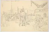 Johann Adam Klein, View of the Alter Kranen in Würzburg (recto); Study of Three Soldiers and Two More Figures (verso)