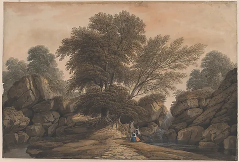 John Varley, Figures beside a waterfall and pool in a wooded landscape