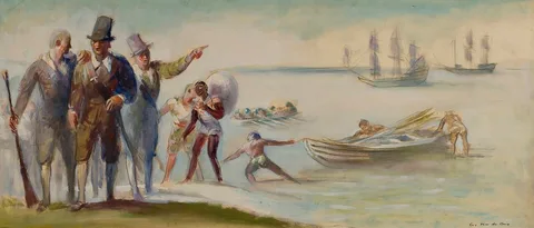 Guy Pène du Bois, First Landing at Weymouth (Study for Post Office Mural, Weymouth Branch, Boston, MA)