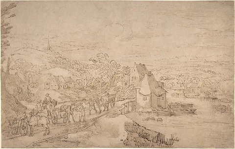 Joos de Momper, River Landscape with Wagons on a Road near a Village