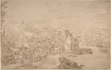 Joos de Momper, River Landscape with Wagons on a Road near a Village