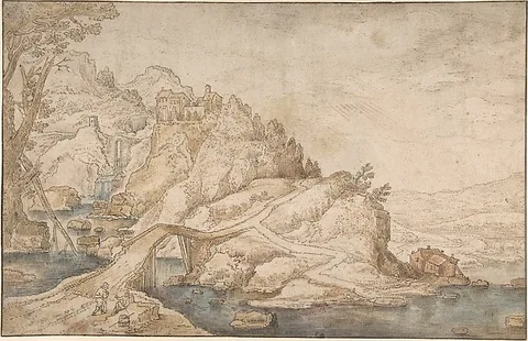 Joos de Momper, Landscape with a Road Leading Towards a Settlement on a Hill