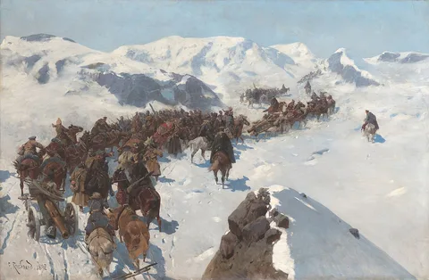 Franz Roubaud, Crossing by Argutinsky through the snowy mountains of the Caucasus in 1853