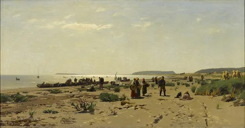 Eugen Dücker, Coastal landscape (Fishermen going home)