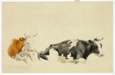 Thomas Sidney Cooper, Two Recumbent Cows (recto); Sketch of Standing Cow (verso)
