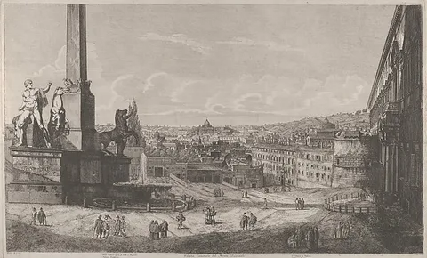 Luigi Rossini, View of the Quirinal Hill in Rome with the fountain of the horse tamers at left, from "Le Antichita di Roma"