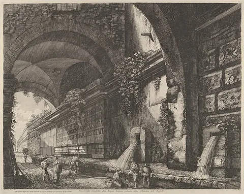 Luigi Rossini, View of the ancient aquaduct and fountains situated near the Chiavica del Bufalo in Rome, from "Le Antichita di Roma"