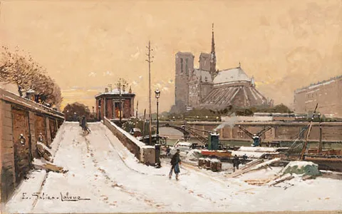 Eugène Galien-Laloue, Barges in Winter on the Seine with a View of Notre-Dame in the Distance