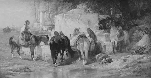 Adolf Schreyer, Arab Horsemen Resting at a Fountain