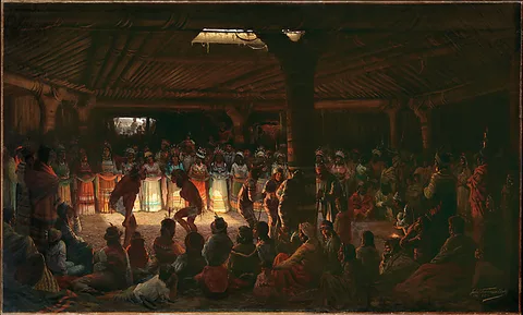 Jules Tavernier, Dance in a Subterranean Roundhouse at Clear Lake, California