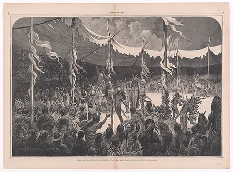 Jules Tavernier, Indian Sun Dance–Young Bucks Proving Their Endurance by Self-Torture ("Harper's Weekly," Vol. XIX, pp. 8-9)