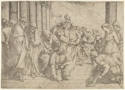 Luca Giordano, Christ kneels and writes on the pavement at center and a woman taken in adultery by three soldiers at right