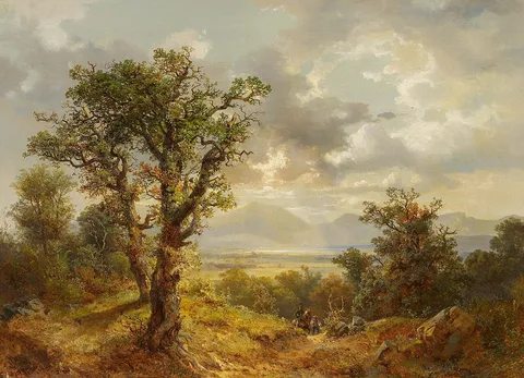 Bernhard Mühlig, View of a wide River Landscape with Mountains in the background