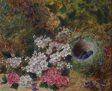 Oliver Clare, Flowers and Bird's Nest by a Mossy Bank
