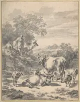 Nicolaes Pieterszoon Berchem, Herdsmen with Cattle and Sheep in Italianate Landscape
