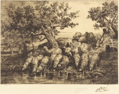 Charles Jacque, Sheep at the Watering Place (Abreuvoir aux moutons)