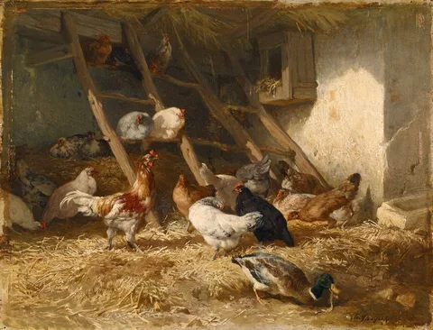 Charles Jacque, Poultry in a shed, 1828