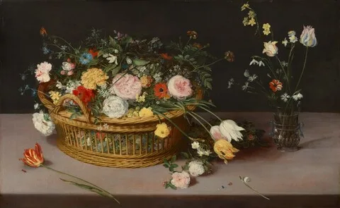 Jan Brueghel the Elder, Flowers in a Basket and a Vase