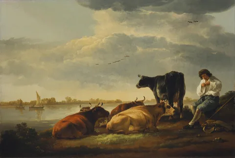Aelbert Cuyp, Cows and Herdsman by a River