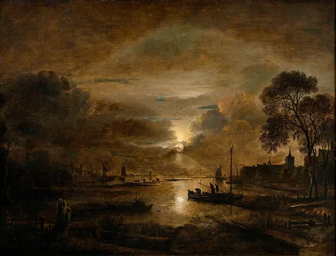 Aert van der Neer, Moonlight at a Dutch River
