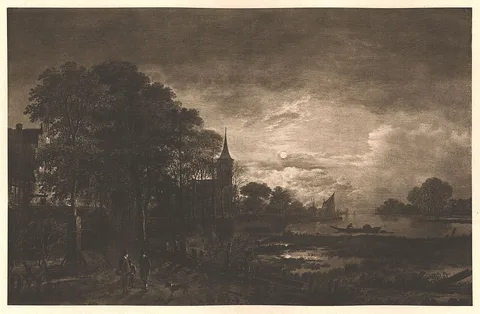 Aert van der Neer, Moonlight on a River before a Town
