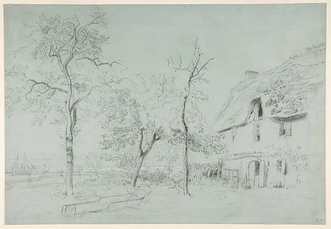Constant Troyon, A Farmhouse with a Thatched Roof and Trees Beside a River