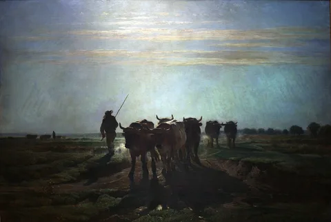 Constant Troyon, Oxes watching to tillage, morning sky