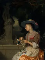 Godfried Schalcken, Woman Weaving a Crown of Flowers