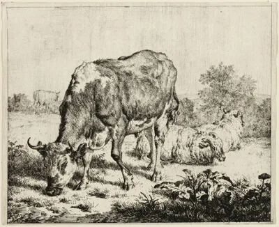 Adriaen van de Velde, A Cow and Three Sheep