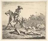 Karel Dujardin, Battlefield with horseman looking over his left shoulder toward stripped corpse on the ground, a clothed figure and horse lying to the right, horsemen carrying flags beyond
