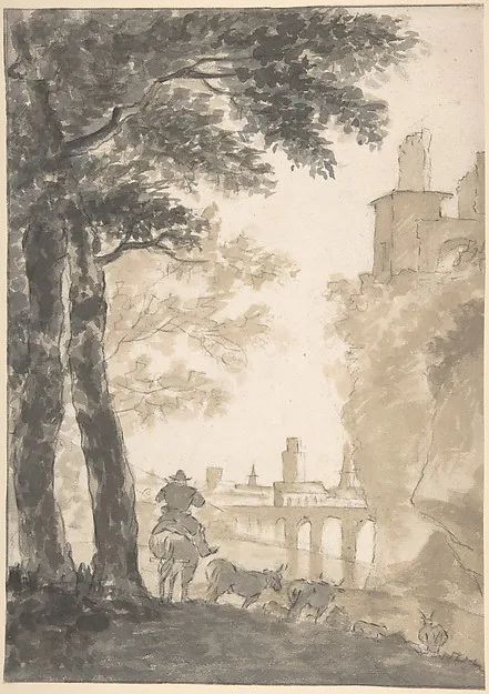 Jan Both, Landscape with a Mounted Herdsman and Cows, a City in the Background