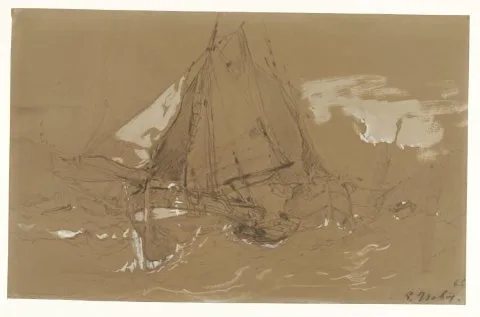 Eugène Isabey, Vissersschuit in een storm