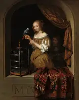 Caspar Netscher, A Woman Feeding a Parrot, with a Page