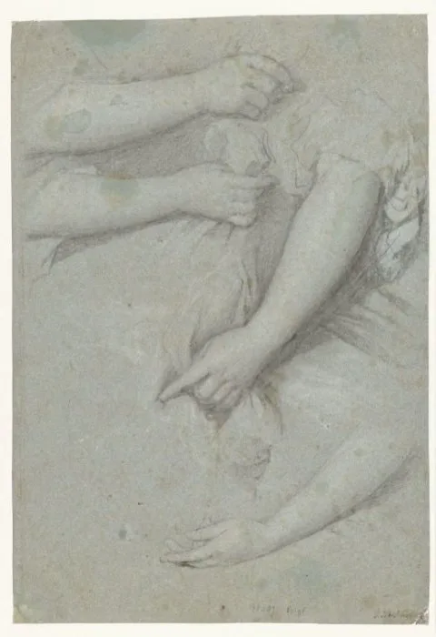 Caspar Netscher, Vier studies van de arm van een vrouw, met draperie