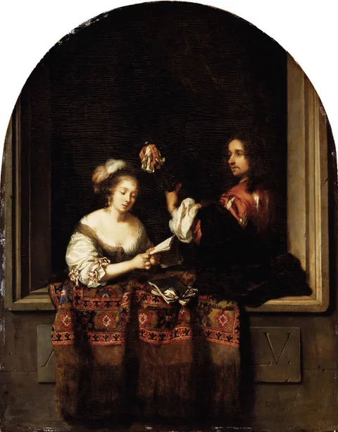 Caspar Netscher, Woman singing and man playing a lute in a window