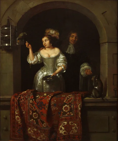 Caspar Netscher, A Lady with a Parrot and a Gentleman with a Monkey