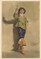 Franz Skarbina, Man in Louis XIII-kledij, staande ten voeten uit, driekwart naar rechts, een glas wijn heffend
