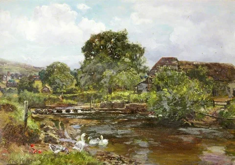 Yeend King, 'Chagford Mill': the River Teign with Stepping Stones and Ducks
