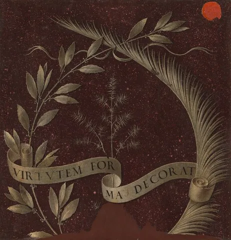 Leonardo da Vinci, Wreath of Laurel, Palm, and Juniper with a Scroll inscribed Virtutem Forma Decorat [reverse]