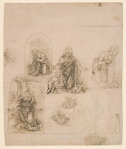 Leonardo da Vinci, Compositional Sketches for the Virgin Adoring the Christ Child, with and without the Infant St. John the Baptist; Diagram of a Perspectival Projection (recto); Slight Doodles (verso)