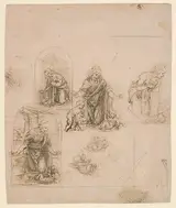 Leonardo da Vinci, Compositional Sketches for the Virgin Adoring the Christ Child, with and without the Infant St. John the Baptist; Diagram of a Perspectival Projection (recto); Slight Doodles (verso)