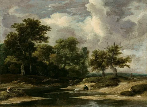 Jacob van Ruisdael, A wooded river landscape with a traveller and dog