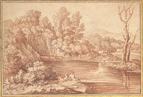Gaspard Dughet, Landscape with Figures on the Bank of a River