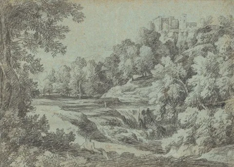 Gaspard Dughet, Italian Landscape with Fortifications and a Waterfall