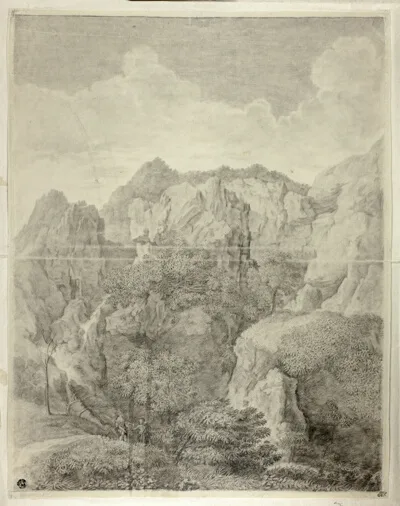Gaspard Dughet, Mountain Landscape with Two Figures in Foreground