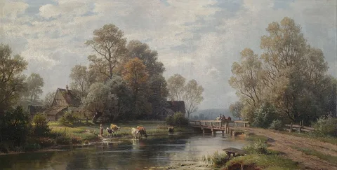 Paul Weber, Summer River Landscape near a Farmstead